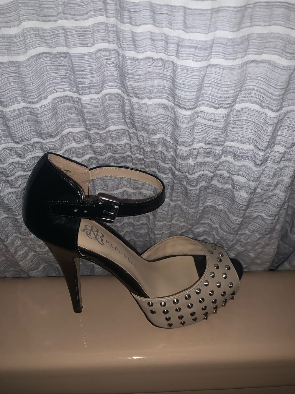 Rock Republic Black and Beige Studded Ankle-Strap Stiletto